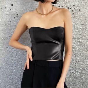 Ten Babaton Strapless Faux Leather Crop Top in Black size 10